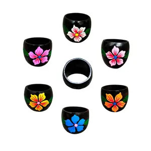 Fashion Jewelry Vintage Black Wooden Floral Leaf Hand Painted Assortment Boho Chic Rings For Women Men