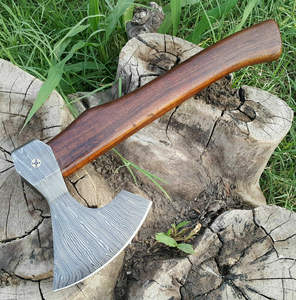 Hache Viking artisanale personnalisée 2024 en acier Damas haute teneur en carbone de qualité industrielle avec manche en bois de rose, hachette de camping, garantie 3 ans - Product Image 5