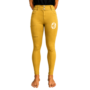 Leggings d'équitation taille haute jaune doré pour femmes, pantalons d'équitation extensibles texturés avec poche avant - Product Image 1