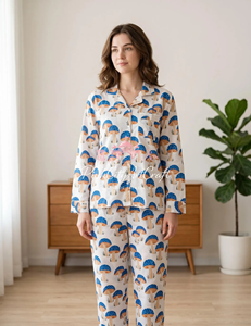 Mushroom Print 100% Cotton Summer Pajama Set for Women Soft Long Sleeve Button-<b>Down</b> Quick Dry Breathable Sleepwear Top - Product Image 3