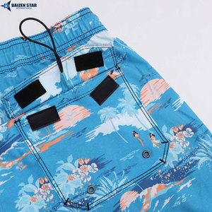 Men's Quick Dry Board Shorts Blue Tropical Print Drawstring Waist Casual Swim Trunks 100% Polyester Woven Fabric - Product Image 3