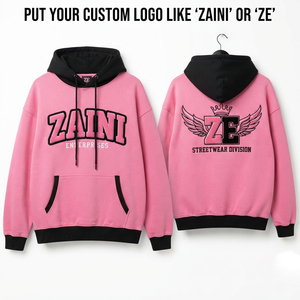 Sweat à capuche oversize en molleton 100 % coton 320 GSM, rose printemps et noir contrastant, bordure côtelée, logo brodé personnalisé sur le devant - Product Image 1