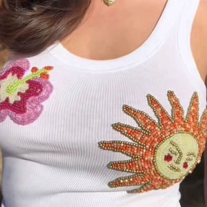 Ladies White Ribbed Cotton Tank <b>Top</b> Colorful Rhinestone Beaded Neckline Sleeveless Vest Women Casual Summer Party Bulk Supplier - Product Image 1