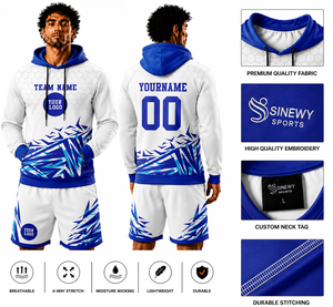 Sweat-shirt à capuche pour homme imprimé par sublimation personnalisée, motif géométrique blanc et bleu, coupe classique, vêtement d'hiver décontracté - Product Image 1