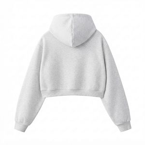 Women's Light Gray Hooded <b>Zip</b>-<b>Up</b> <b>Crop</b> Sweatshirt 100% Cotton Knitted Solid Color Winter Casual Wear Custom Logo Front Position - Product Image 6