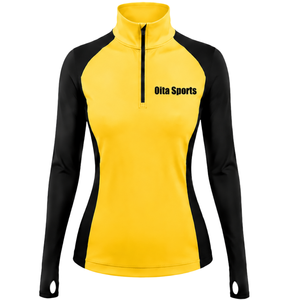 Haut de sport pour femme à col zippé, jaune, manches longues, ajusté, pour entraînement, col montant, avec passe-pouce, vêtement de performance - Product Image 1