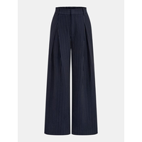Ensemble coordonné deux pièces en rayures fines linéaires bleu marine, comprenant un haut peplum asymétrique à nouer et un pantalon large à jambes larges, style Meridian Wrap