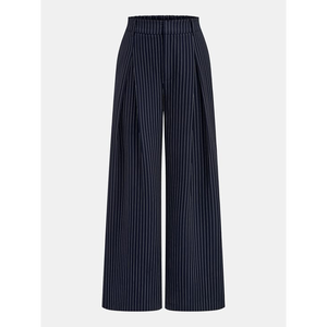 Ensemble coordonné deux pièces en rayures fines linéaires bleu marine, comprenant un haut peplum asymétrique à nouer et un pantalon large à jambes larges, style Meridian Wrap - Product Image 4
