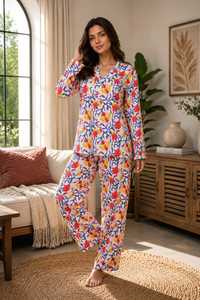 Conjunto de Pijama Elegante de Verano para Mujer, Estampado Floral, Cuello en V, Manga Larga, Algodón Suave, Secado Rápido, Ecológico y Cómodo - Product Image 4
