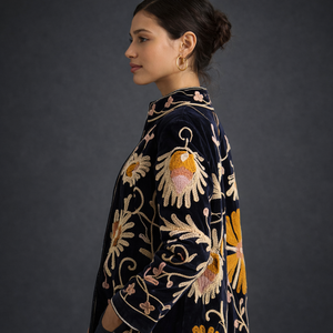 Sujani Embroidery Floral Long Stand Collar <b>Velvet</b> <b>Jacket</b> for Winter/Spring/Summer/Autumn - Product Image 3