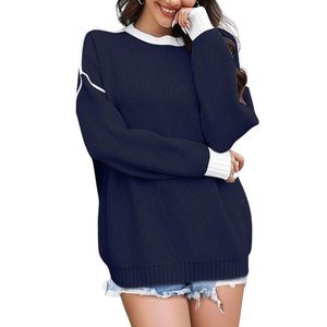 Pull en coton et polyester rayé à col rond, coupe ample, manches longues, tricoté, décontracté, pour femmes - Product Image 6