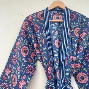Bata tipo kimono con estampado floral para mujer, corte holgado, manga tres cuartos, cuello oblicuo, cierre con cordón, ropa de primavera - Product Image 5