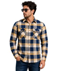 Navy Beige Plaid Men Flannel Shirt Long Sleeve Button <b>Down</b> Checkered Cotton Casual Shirt With Chest Pockets Streetwear Overshirt - Product Image 1