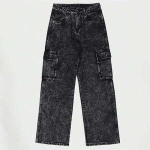 Jean cargo droit en denim pour homme, coupe ample, taille mi-haute, déchiré, couleur unie, style décontracté, collection automne - Product Image 5