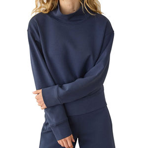 Sweat-shirt à col roulé bleu marine pour femme, manches longues, tricoté en coton et fibre de bambou, respirant, coupe classique, idéal pour l'automne - Product Image 4