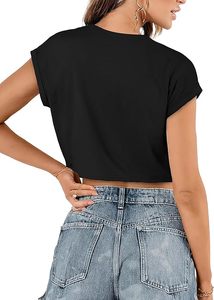 Women Casual Knitted Short Sleeve Crop <b>Top</b> Crew Neck Solid Color Loose Fit Breathable Everyday Wear Spring Summer - Product Image 3