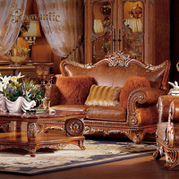 Set Sofa Mewah Eropa Antik Buatan Tangan untuk Ruang Tamu Villa & Hotel Bingkai Kayu Solid Berukir Hiasan Desain Kulit Elegan