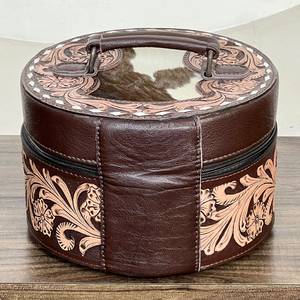 Superbe boîte à bijoux ronde en cuir de vachette façonnée à la main, style vintage, avec motifs floraux en relief, durable, pour le rangement des bijoux - Product Image 5