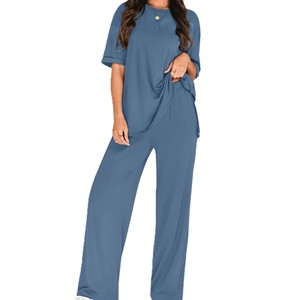 Ensemble deux pièces plissé en velours côtelé 100 % coton respirant et décontracté pour femme, grandes tailles, été, couleur unie (haut et pantalon) - Product Image 3