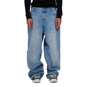 กางเกงยีนส์ขาตรงทรงหลวมสำหรับฤดูร้อนกางเกงขาบานซักได้ประดับพลอยเทียมดีไซน์เนอร์และกางเกงยีนส์ติดเพชรสำหรับผู้ชาย - Product Image 5