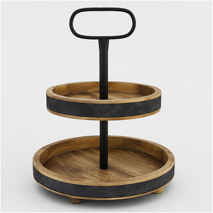 Support à gâteau en bois à 2 niveaux avec accents métalliques, plateau de service à étages pour table de dessert de mariage et organisateur de comptoir de cuisine - Product Image 1