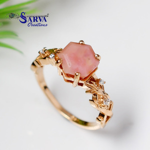 Bague en opale rose naturelle plaquée or rose, argent sterling 925, pierre précieuse hexagonale, zircon, bijoux vintage pour femmes - Product Image 5