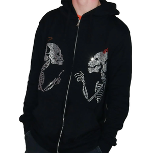 Sudadera con Capucha Negra para Hombre, Diseño de Calaveras con Pedrería, Estilo Gótico, Corte Regular, Cierre Frontal con Cremallera, 100% Algodón Tejido, Ropa de Otoño - Product Image 3