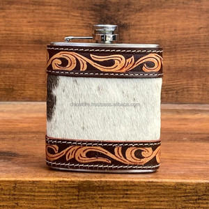 Flasque moderne en étain 6oz en acier inoxydable avec pochette en cuir artisanal, housse en cuir de vachette pour vodka et whisky - Product Image 2