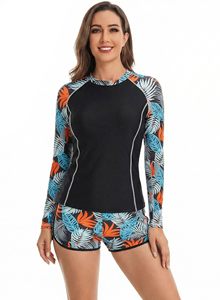 <b>Women's</b> Anti-UV Two-Piece Bathing Suit Long Sleeves Rash Guards with Floral <b>Swim</b> <b>Shorts</b> Pants Rash Guard - Product Image 3