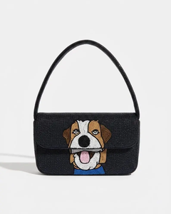 Sac à bandoulière en jute avec motif de chien brodé, fermeture éclair, sac à main tendance pour femme - Product Image 2