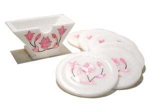Handcrafted White <b>Marble</b> <b>Coaster</b> with Seashell Stone Inlay Elegant Table Decor - Product Image 6