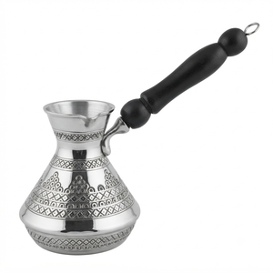 Cafetera turca de plata grabada, niquelada, Cezve, Ibrik árabe, Briki griega, calentador de leche para estufa con mango largo de madera negra - Product Image 1