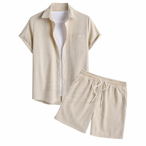 Men's Breathable 2-Piece <b>Knitted</b> <b>Set</b>-Short Sleeve Solid Shirt and Shorts Casual Summer Beach Wear 100% Polyester - Product Image 1