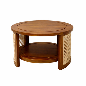 Lounge Area Teak Wood Round <b>Coffee</b> <b>Table</b> with Shelves Savana Rattan Combination Elegant Storage Design for Home Use - Product Image 3