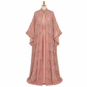Nouvelle Robe de Soirée Kaftan Légère et Respirante en Perles Rose Poudré, Ornée d'un Cape, Longueur Ras du Sol, Style Moyen-Orient - Product Image 1