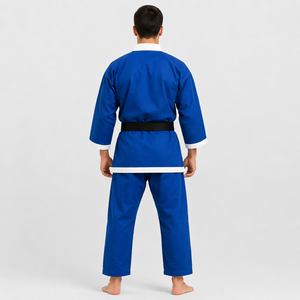 Kimono de karaté bleu avec bordure blanche pour homme adulte, uniforme d'arts martiaux en coton épais avec ceinture noire, tenue d'entraînement durable - Product Image 2