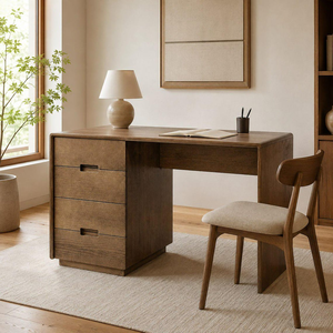 Solid Wood <b>Desk</b> <b>with</b> <b>Drawers</b> Handcrafted Wooden Writing Table for Home Office Study Workspace <b>Computer</b> Workstation Furniture - Product Image 1