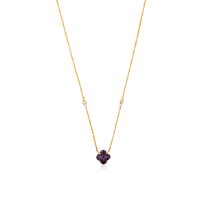 Collar con Colgante de Cadena Minimalista con Forma de Trébol y Diamantes Redondos de Amatista, Oro Amarillo Sólido de 14K, Joyería para Uso Diario, OEM ODM - Product Image 1