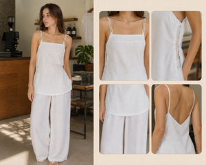 Professional OEM Supplier <b>Women's</b> Casual <b>Short</b> Sleeveless White Cotton Cami Blouse Loose Long Wide Leg <b>Trousers</b> Two-Piece Set - Product Image 2