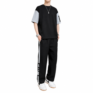 Conjunto de Camiseta de Cuello Redondo y Manga Corta con Bloques de Color para Hombre y Pantalones Largos, Traje Deportivo Informal - Product Image 1