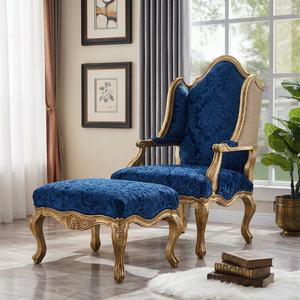 Fauteuil lounge et ottoman en bois massif à dossier haut |   Salon de suite d'hôtel |   Cadre sculpté néoclassique |   Fabricant de meubles OEM - Product Image 1