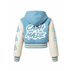 Chaqueta Varsity con Diseño Nuevo y Estampado de Dólares - Chaqueta Bomber con Capucha Azul y Blanca para Moda Urbana y Hip Hop - Product Image 4