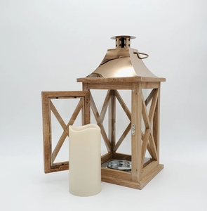Lanterne carrée en bois faite à la main, support de bougie vintage en X, lampe décorative en métal poli pour la maison et le jardin - Product Image 2