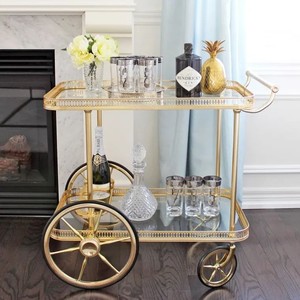 Elegant Iron Bar <b>Trolley</b> Gold Finish Glass Shelves Rolling <b>Serving</b> Cart for Home Kitchen Dining Room Home Hotel Restaurant Decor - Product Image 3