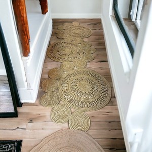 Medallion Pattern Handcrafted Flat Pile Bohemian Jute Round Area Rug <b>Kitchen</b> Floor <b>Mat</b> Non Slip Rubber Backing - Product Image 2