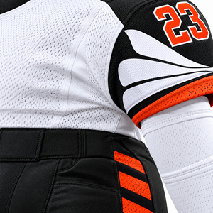 Ensemble d'uniformes de football américain personnalisés imprimés par sublimation Blanc Noir Orange Respirant Anti-humidité Rembourré Protection UV - Product Image 6