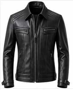 Blouson Moto en Cuir Original Homme Bleu et Marron Col Montant Fermeture Éclair Coupe Slim Manches Classiques Style Color Block Automne - Product Image 1