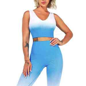 Ensemble de yoga 2 pièces bleu uni pour femme : Crop top sans manches col en V et Legging long taille mi-haute respirant et sans couture - Product Image 1