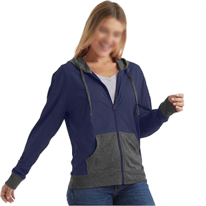 Sweat-shirt gris à capuche zippé pour femme, manches longues, couleur unie, tricoté, respirant, hiver, 100% coton, ODM Front - Product Image 4