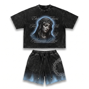 Ensemble de t-shirts gothiques pour hommes, imprimé couronne d'épines noire de Jésus, col rond, design Memento Mori, style streetwear d'été - Product Image 1